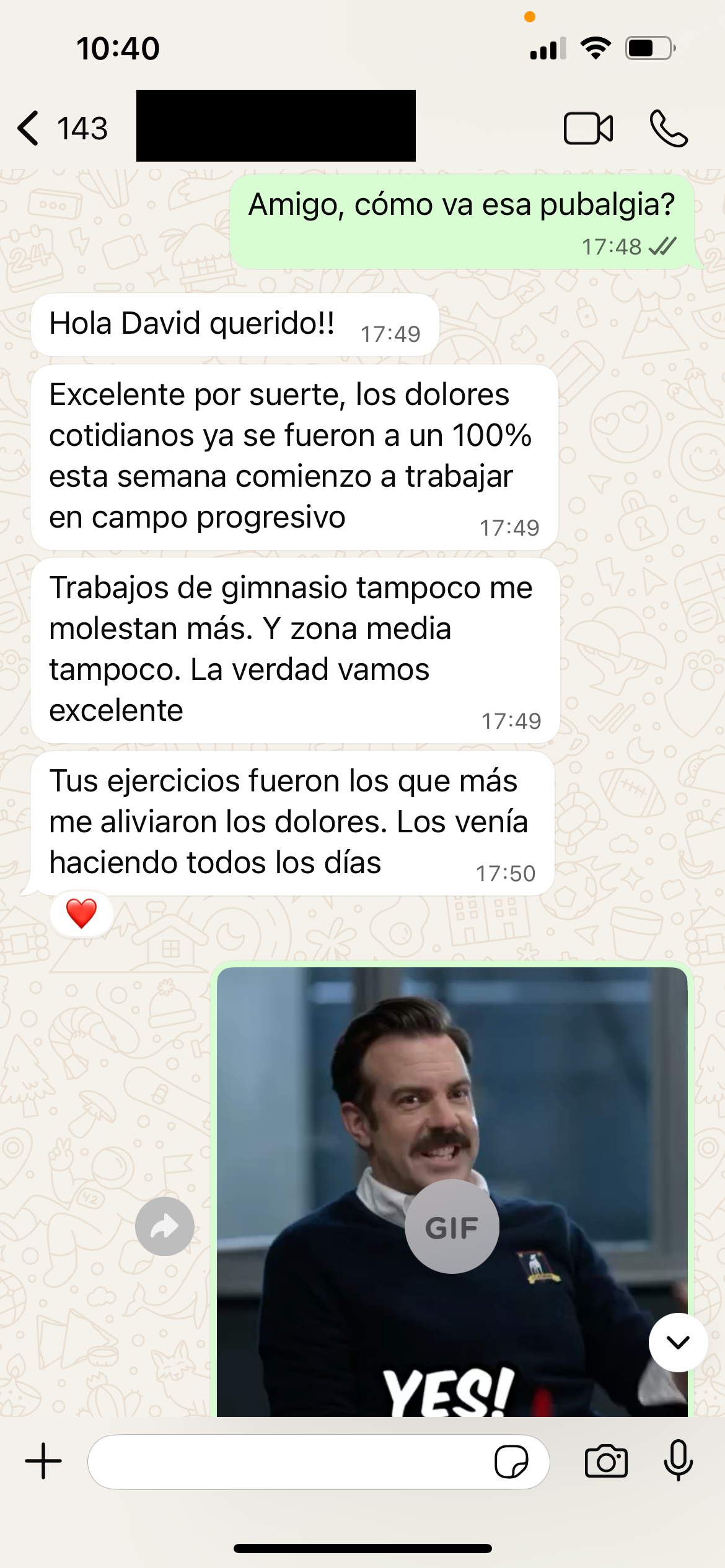 Conversación real de WhatsApp con un miembro (nombre, número y foto ocultos)