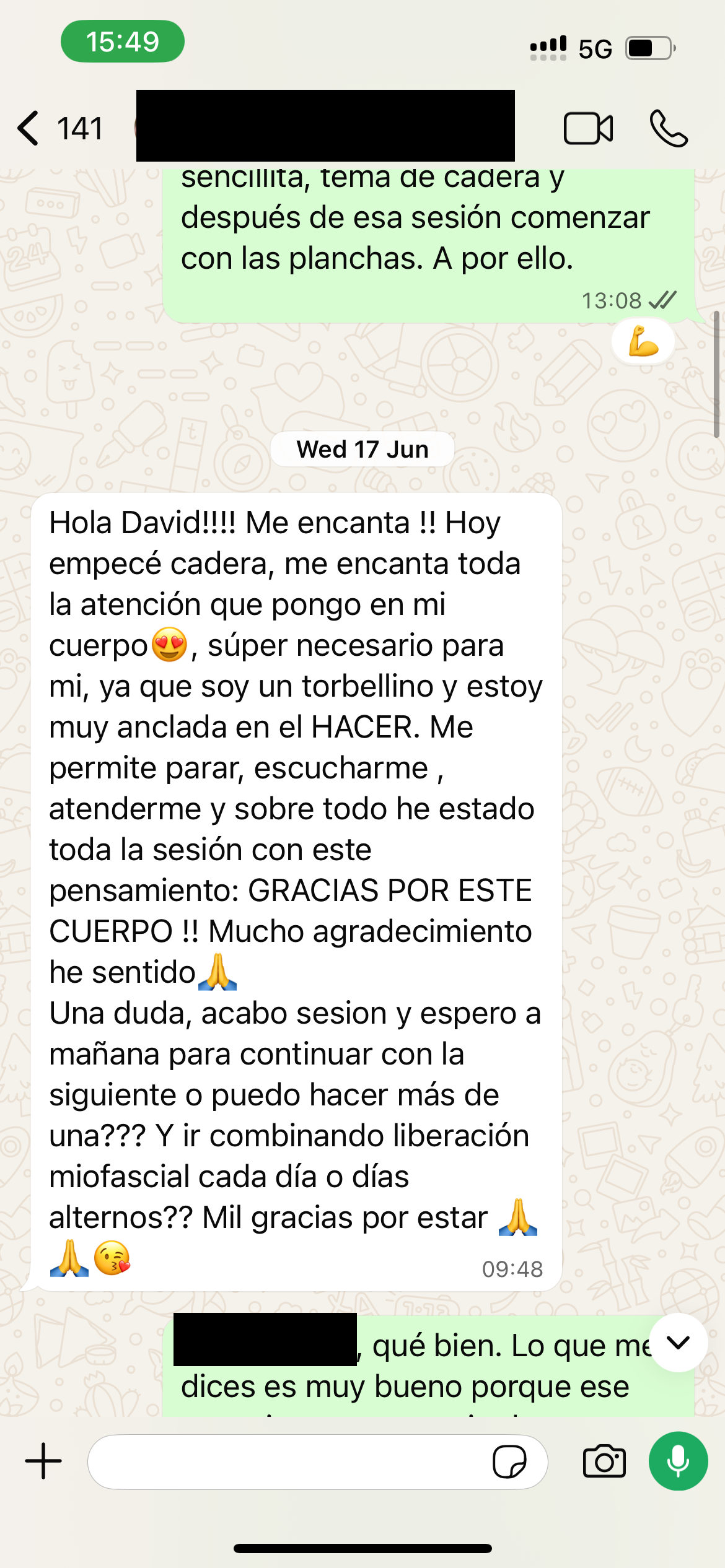Conversación real de WhatsApp con un miembro (nombre, número y foto ocultos)